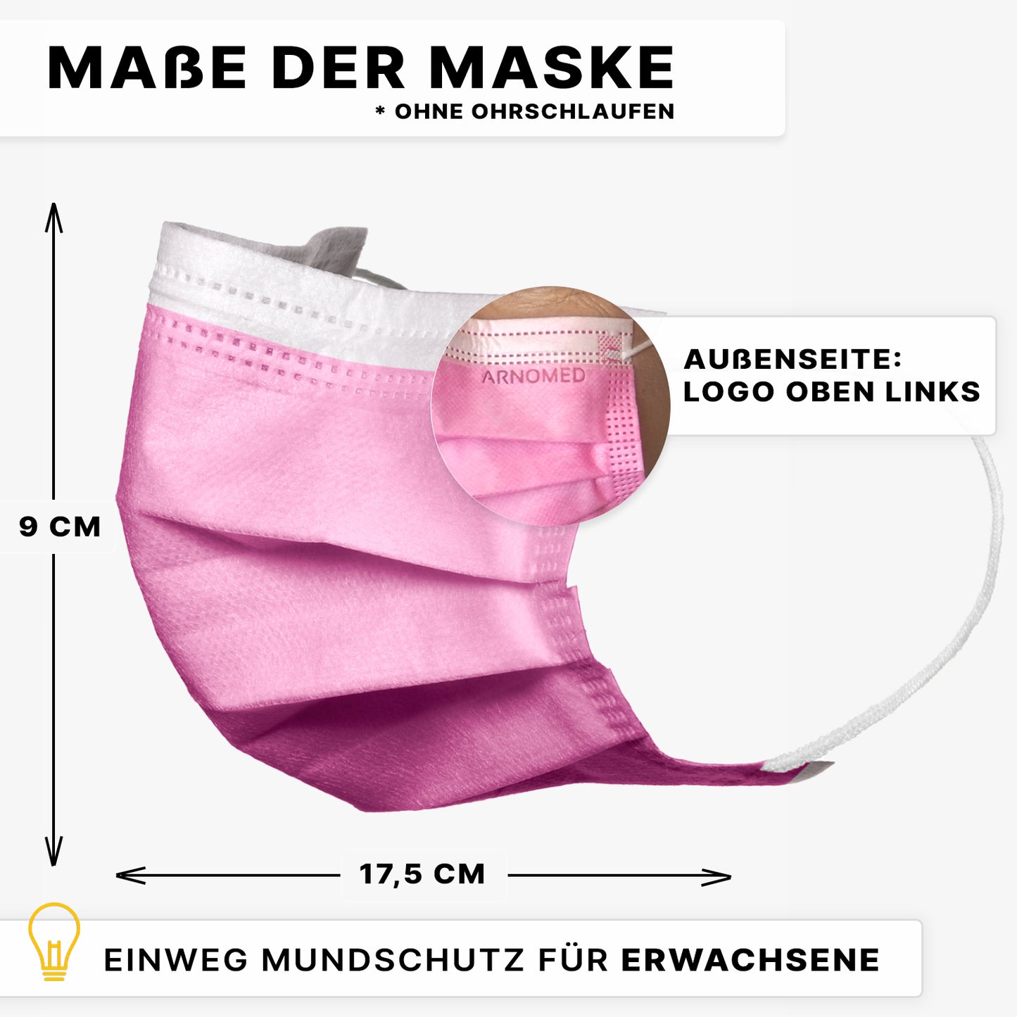 Pictured is a pink ARNOMED MUNDSCHUTZ TYPE IIR surgical mask with elastic bands from ARNOWA GmbH (9 x 17.5 cm) with white ear loops; a close-up highlights the ARNOMED logo on the upper left outside.
