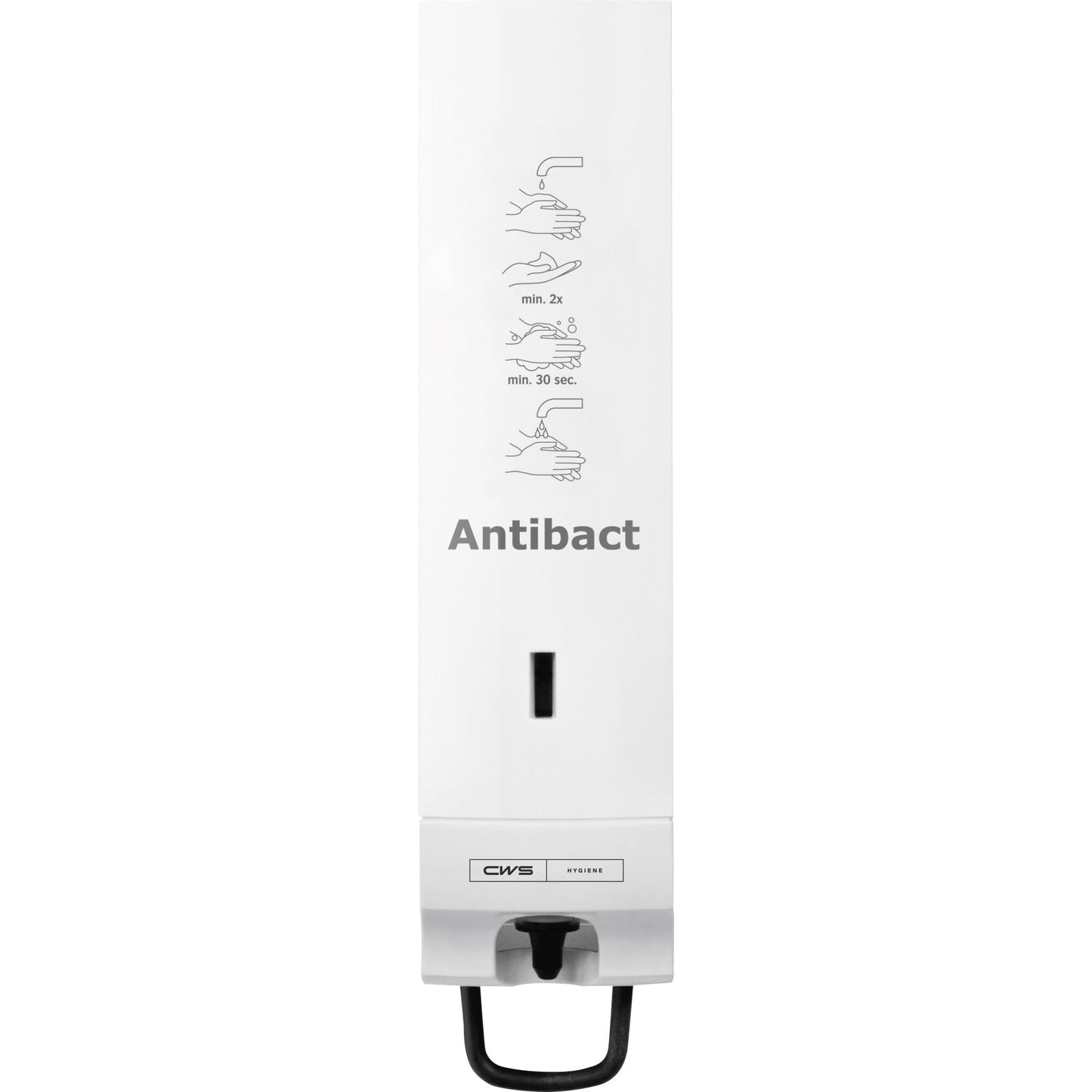 The white CWS ParadiseLine foam soap dispenser Antibact Slim from CWS features a pictorial hygienic handwashing guide, a black lower lever, and a central rectangular window. The plate is pre-assembled.