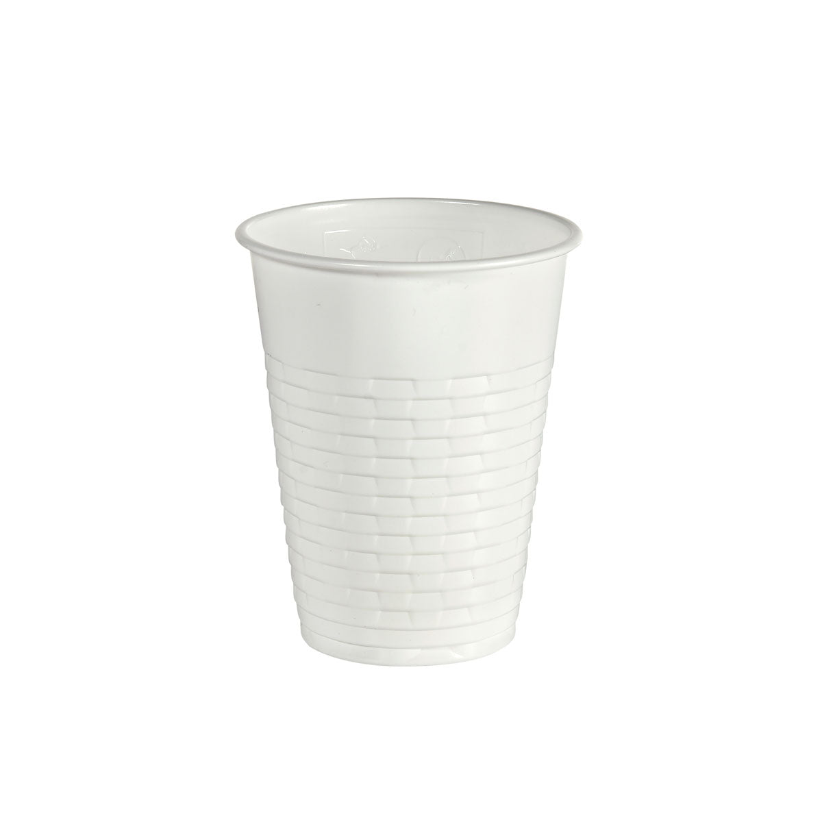 A white PS cup by Duni GmbH, disposable plastic drinking cup with structured line embossing at the bottom, against a white background. Packaging: 100 pieces per pack.