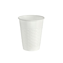 A white PS cup by Duni GmbH, disposable plastic drinking cup with structured line embossing at the bottom, against a white background. Packaging: 100 pieces per pack.