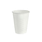 A white PS cup by Duni GmbH, disposable plastic drinking cup with structured line embossing at the bottom, against a white background. Packaging: 100 pieces per pack.