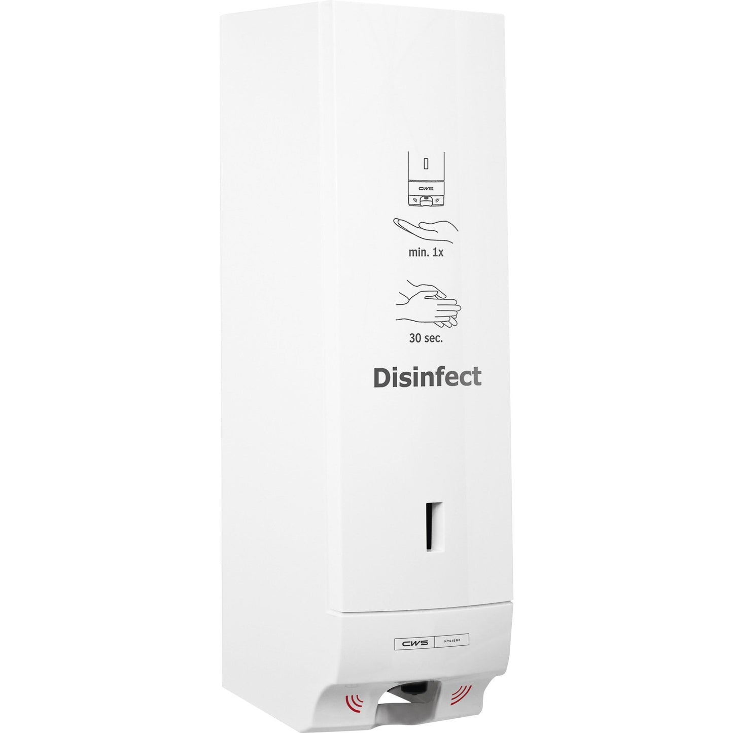 The CWS ParadiseLine Disinfect Non touch disinfectant dispenser, with white panel, is a white wall dispenser with touchless operation and symbols for use and 30 seconds of hand rubbing. The "Disinfect" lettering on the front ensures hygienic application.