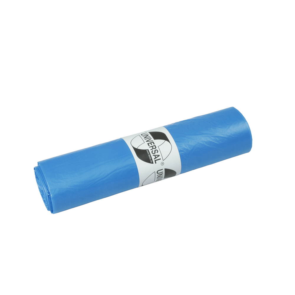 A blue plastic garbage bag with the inscription "UNIVERSAL" is part of the EMIL DEISS KG (GmbH + Co.) DEISS 40402 set (480x650x0.015 mm, blue, roll with 50 pieces per package).
