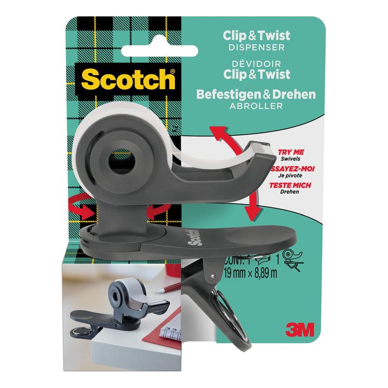 The Scotch™ Clip & Twist Tape Dispenser C19 from 3M Deutschland GmbH is depicted in packaging with a roll of Scotch® Magic™ Invisible Tape (19 mm × 8.89 m) attached to the edge of a table. Branding and usage instructions are visible.