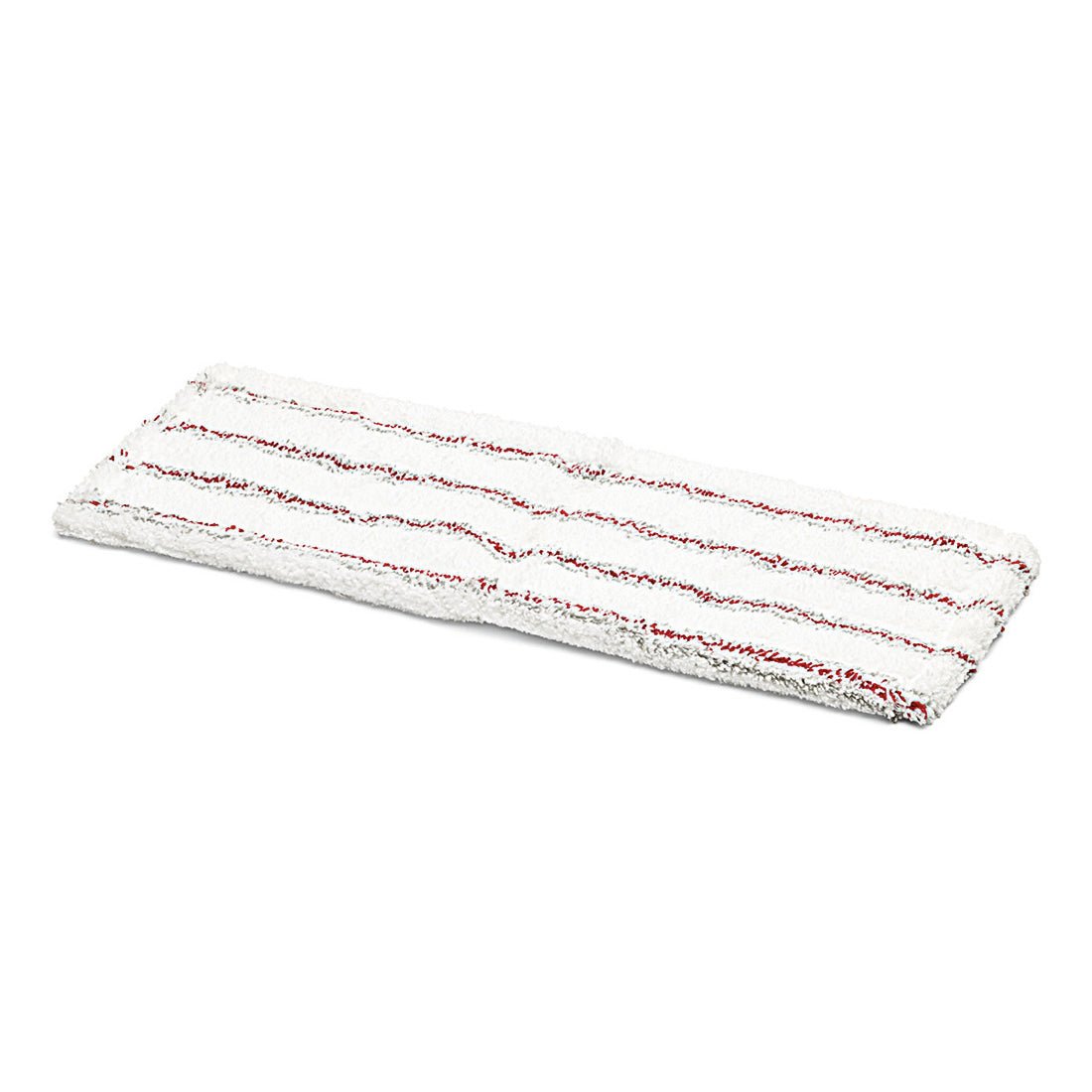A rectangular, white Nölle Profi Brush microfiber replacement cover for floor mops 47x16 cm (1 piece) by Nölle Profi Brush Bürsten- & Pinseltechnik e.K. is characterized by several horizontal red stripes on the microfiber surface against a plain white background.