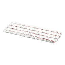 A rectangular, white Nölle Profi Brush microfiber replacement cover for floor mops 47x16 cm (1 piece) by Nölle Profi Brush Bürsten- & Pinseltechnik e.K. is characterized by several horizontal red stripes on the microfiber surface against a plain white background.