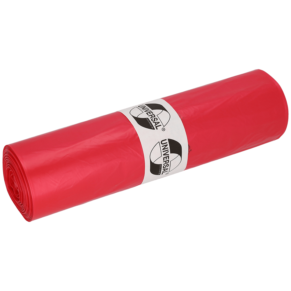 Pictured is a roll of EMIL DEISS KG (GmbH + Co.) DEISS 41001 red trash bags, 700x1100x0.023 mm (50 bags/roll), with a white "UNIVERSAL" label wrapped around the middle, on a plain, light-colored background.