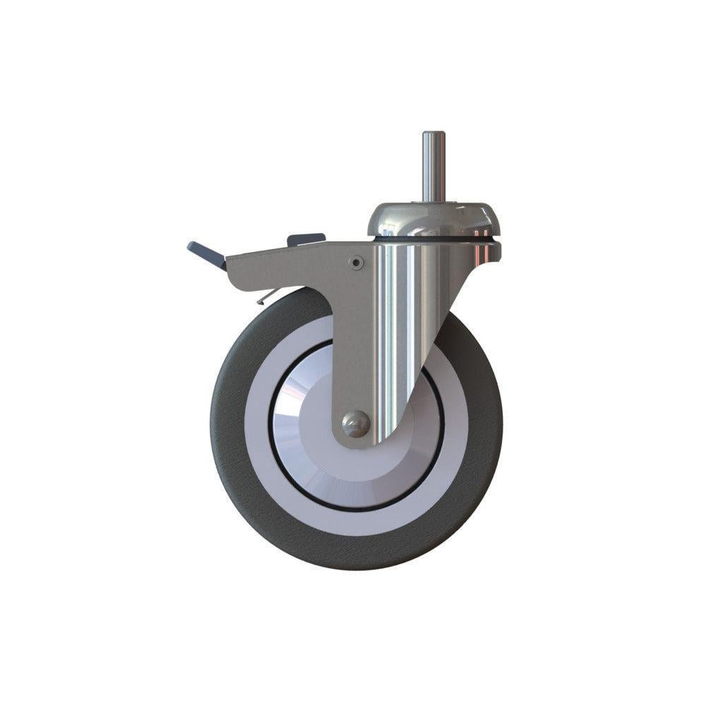 The TASKI Trolley Wheel - Standard from Diversey Deutschland GmbH & Co. OHG is a 125 mm large, swivel wheel with brake, with a dark rubber edge and metal core, developed for the TASKI Trolley. The package contains 1 wheel.