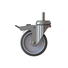 The TASKI Trolley Wheel 100mm with Brake from Diversey Deutschland GmbH & Co. OHG is a swivel wheel with brake, grey tire, metal fork, and central stem for TASKI trolleys; includes metal brake lever. Sold as a single unit.