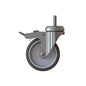 The TASKI Trolley Wheel 100mm with Brake from Diversey Deutschland GmbH & Co. OHG is a swivel wheel with a brake, a gray tire, a metal fork, and a central stem for TASKI trolleys; includes a metal brake lever. Sold as a single unit.