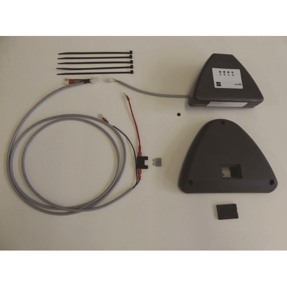 The IntelliTrail - mounting kit for swingo 350/455 from Diversey Deutschland GmbH & Co. OHG contains a black device with a cable, a triangular cover, four cable ties, a long gray cable with plugs, and a small fuse on a white base.
