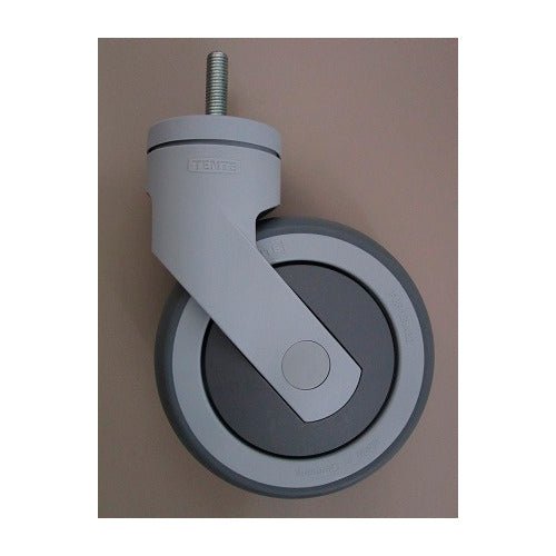 A single Protect Trolley replacement wheel from Diversey Deutschland GmbH & Co. OHG, gray with threaded pin, stands vertically on a plain, light brown background. The package contains 1 piece.