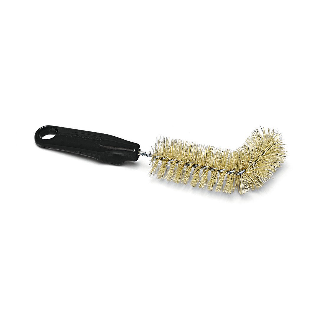 The Nölle Profi Brush urine bottle brush (Ø 70 mm, 530 mm) from Nölle Profi Brush Brush & Paintbrush Technology e.K. features L-shaped brass bristles and a black plastic handle for effective cleaning of urine bottles, depicted on a white background.
