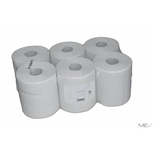 Six Midi towel rolls, 2-ply, white (each 20 cm x 140 m) from Abena Re-Seller GmbH are packed in clear plastic with a white label. The packaging contains 6 rolls and appears against a plain white background.