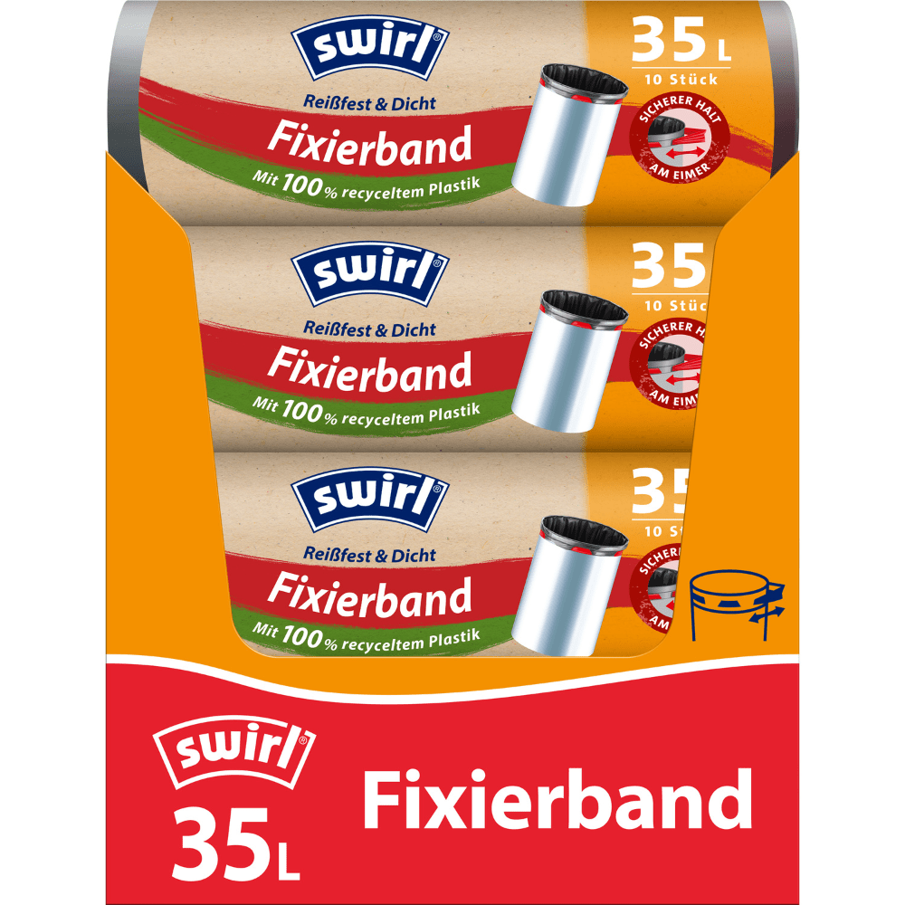 Three rolls of Swirl fastening tape garbage bags 35 l tear-resistant & leak-proof by Melitta Europa GmbH & Co. KG with 10 bags each in orange-red packaging, made from recycled plastic and with elastic fastening tape for secure closure.