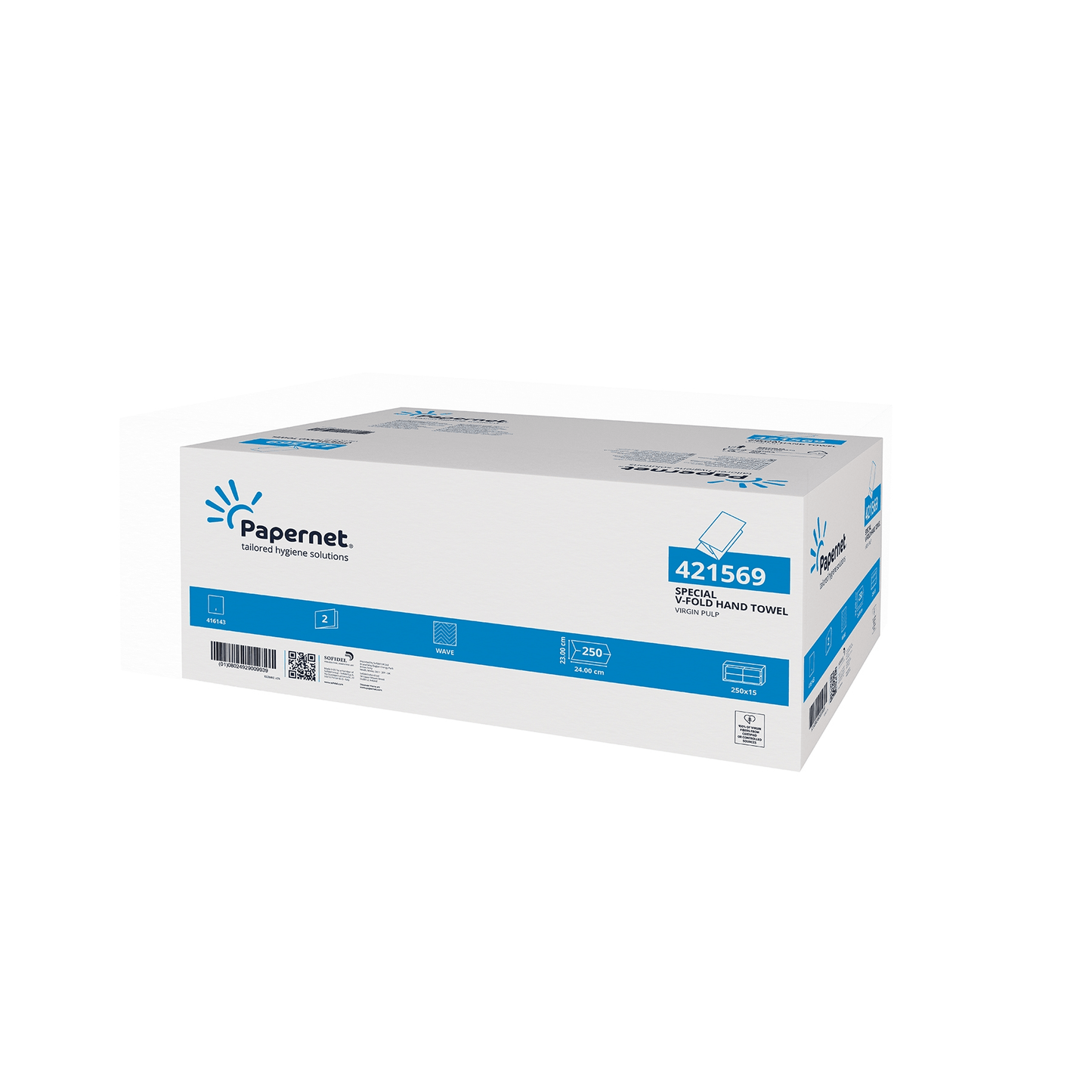 A large white box from the brand Papernet by Sofidel Germany GmbH (product number 421569) features blue accents and graphics of the EU Ecolabel, indicating that it contains V-fold folded paper towels for efficient hand drying.