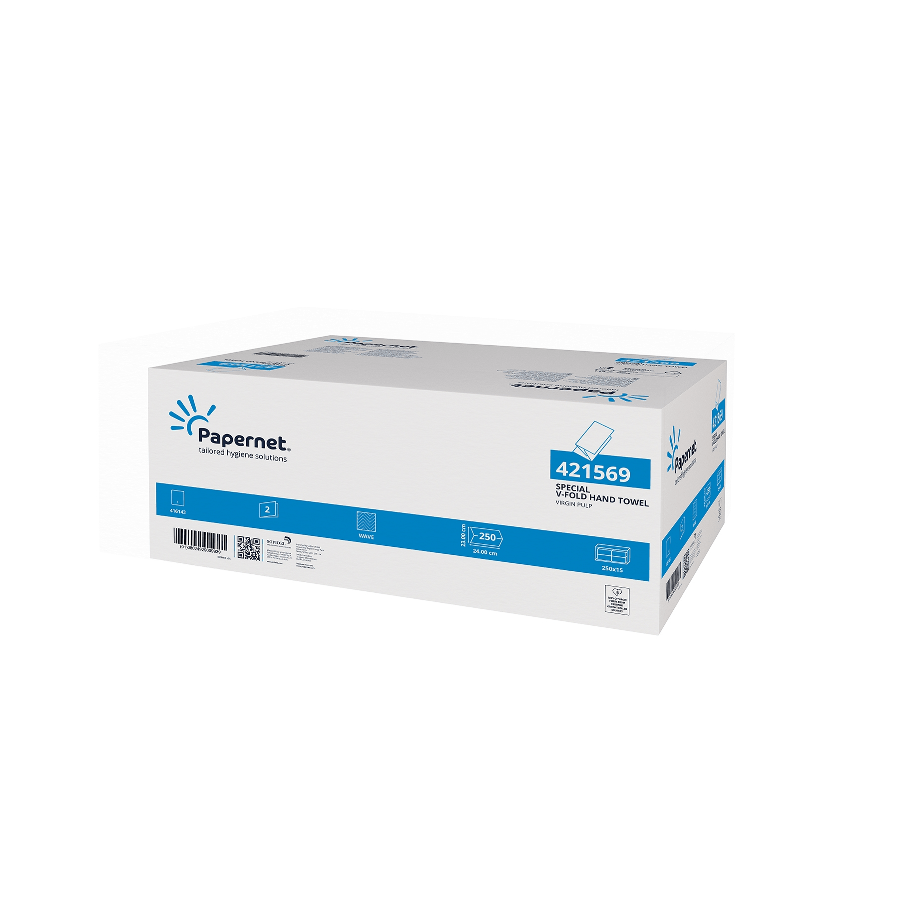 A large white box from the brand Papernet by Sofidel Germany GmbH (product number 421569) features blue accents and graphics of the EU Ecolabel, indicating that it contains V-fold folded paper towels for efficient hand drying.