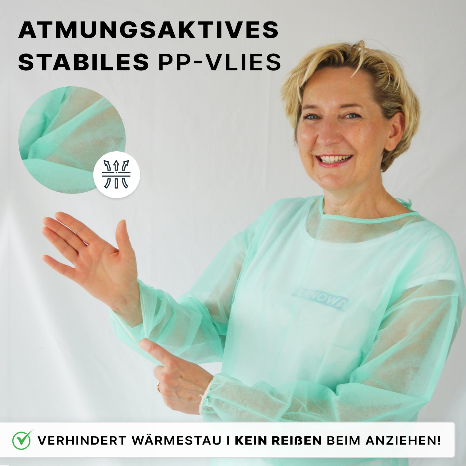 A smiling woman wears the light green ARNOMED PROTECT PP-PROTECTIVE GOWN disposable gown made of PP nonwoven by ARNOWA GmbH. An insert highlights the breathable, durable material. A German text explains the features.