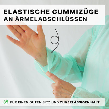 A user adjusts the elastic cuff of an ARNOMED PROTECT PP-PROTECTIVE GOWN disposable gown made of PP nonwoven by ARNOWA GmbH. The German text highlights the secure fit of the elastic bands at the sleeve end, marked by an arrow.