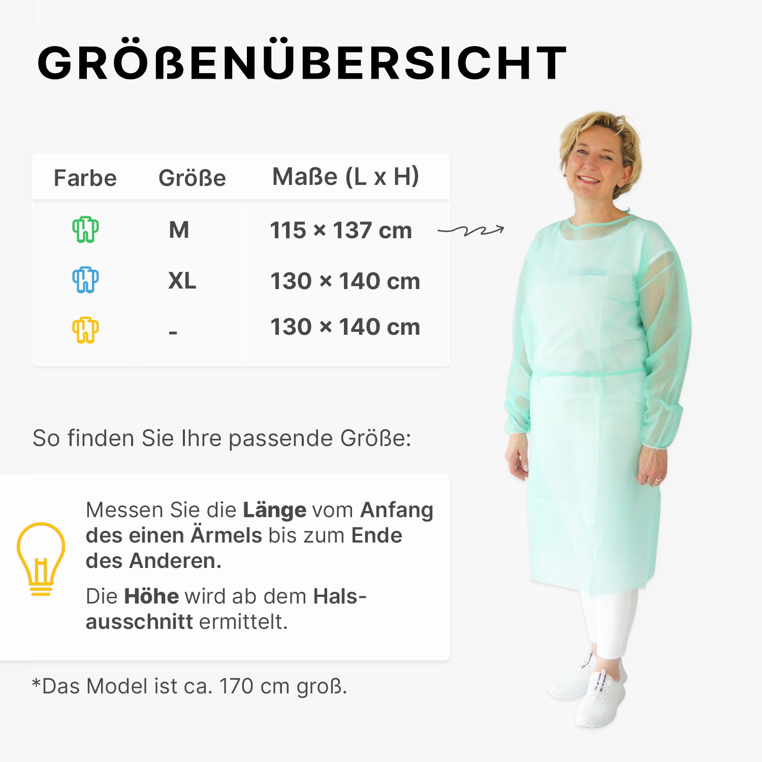 A woman in a light green ARNOMED PROTECT PP-PROTECTIVE GOWN disposable gown made of PP nonwoven by ARNOWA GmbH stands next to a size chart with gown colors, sizes M, XL, -, their cm measurements, and instructions for measuring length and size.