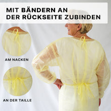 A person is shown from behind wearing an ARNOMED virus-tight disposable protective gown, yellow (ARNOWA GmbH), with close-ups highlighting the neck and waist ties. The German text describes the closure system of the medical gown.