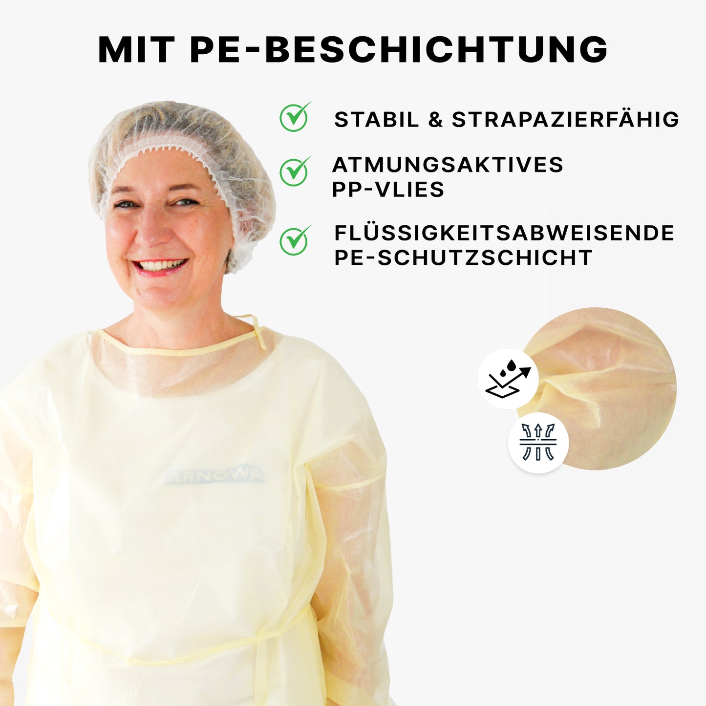 A woman in an ARNOMED virus-tight disposable protective gown, yellow, PP/PE coating (ARNOWA GmbH), smiles with a hair cover. Text and close-ups show the PE coating, breathability, durability, and liquid resistance of the gown with symbols.