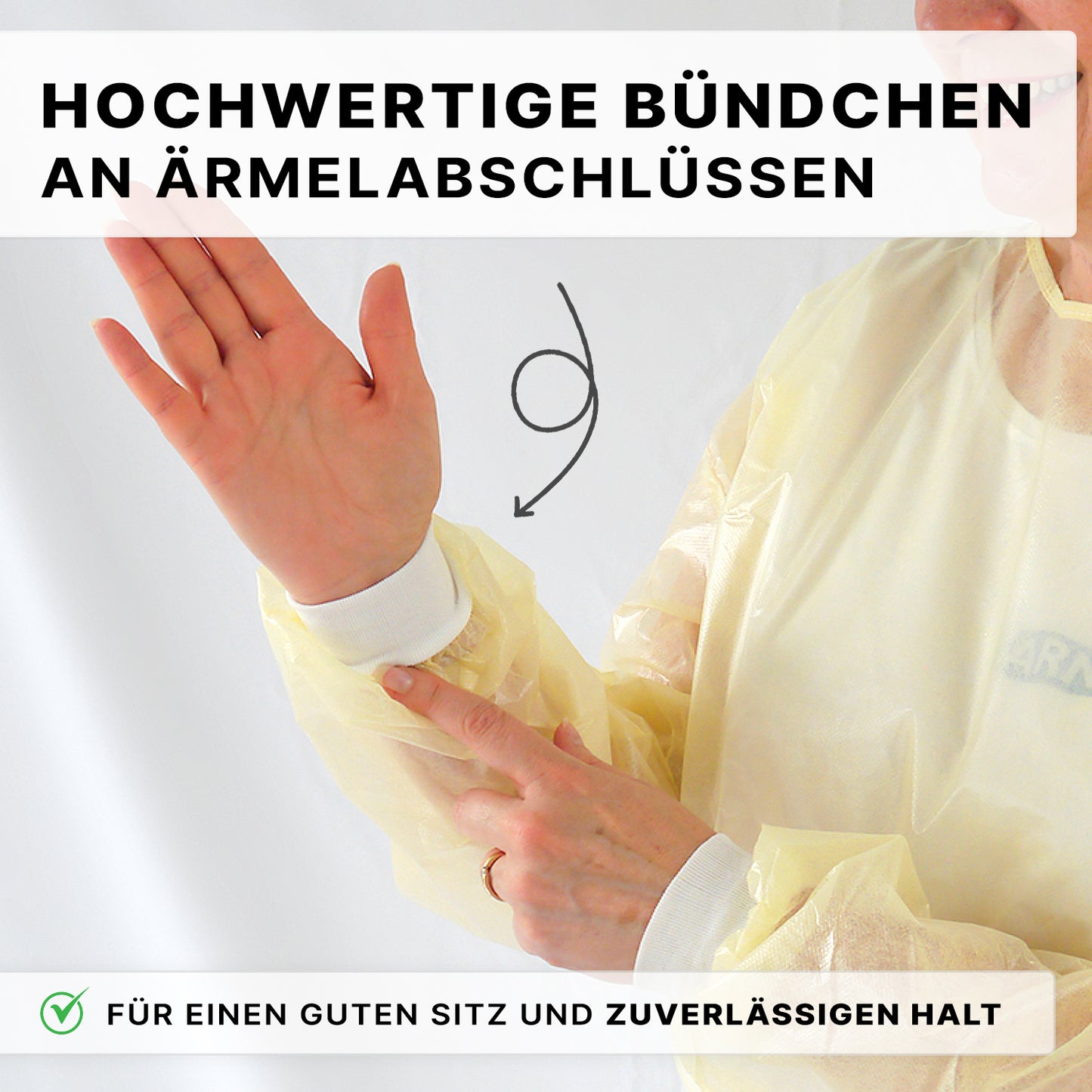 A person wears the ARNOMED virus-tight disposable protective gown by ARNOWA GmbH in yellow and points to the white cuff on the sleeve. The text in German highlights high-quality cuffs for a secure fit and firm hold.