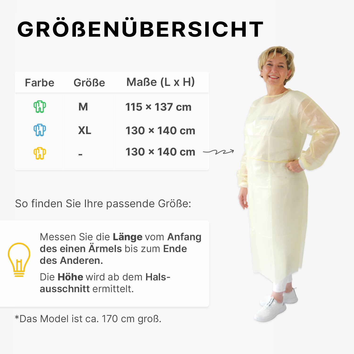 A woman in an ARNOMED virus-tight disposable protective gown, yellow (ARNOWA GmbH), smiles next to a German size chart showing the colors, sizes, and dimensions of the gown, with measurement instructions for length and height below.