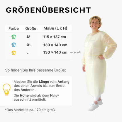 A woman in an ARNOMED virus-tight disposable protective gown, yellow (ARNOWA GmbH), smiles next to a German size chart showing the colors, sizes, and dimensions of the gown, with measurement instructions for length and height below.