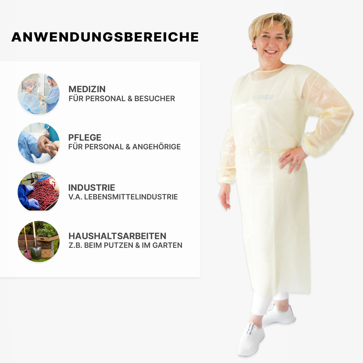 A woman wears the ARNOMED virus-tight disposable protective gown by ARNOWA GmbH (10 pieces, yellow, PP/PE coating) and smiles. Four circles show the areas of use: medical, care, industry (food), and household (text in German).