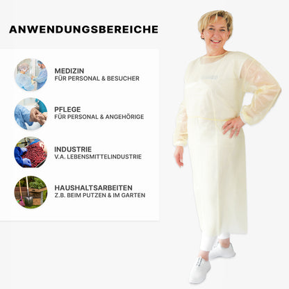 A woman wears the ARNOMED virus-tight disposable protective gown by ARNOWA GmbH (10 pieces, yellow, PP/PE coating) and smiles. Four circles show the areas of use: medical, care, industry (food), and household (text in German).
