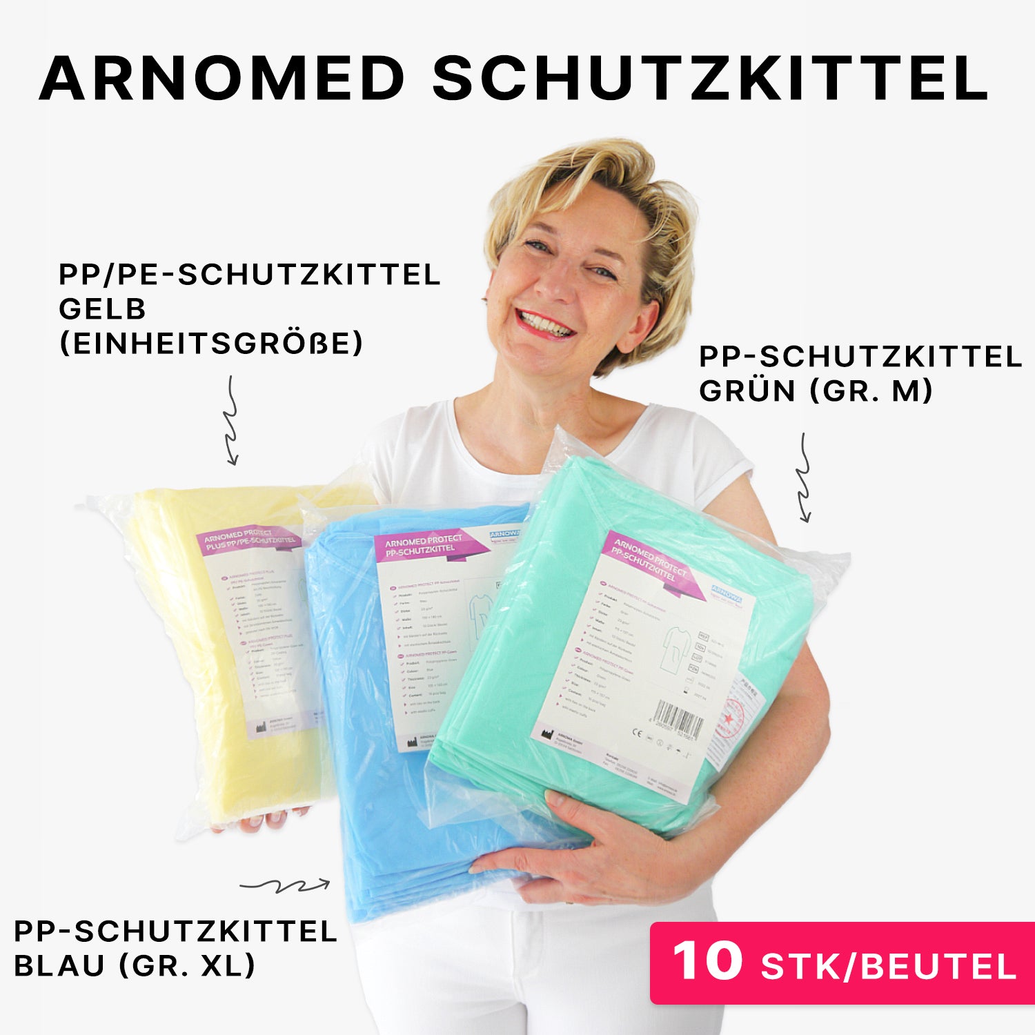A smiling woman holds a package of ARNOMED virus-tight disposable protective gowns, yellow, PP/PE coating (10 pieces) by ARNOWA GmbH. The pink label with the inscription "10 pieces/bag" indicates the virus-tight disposable protective gown.