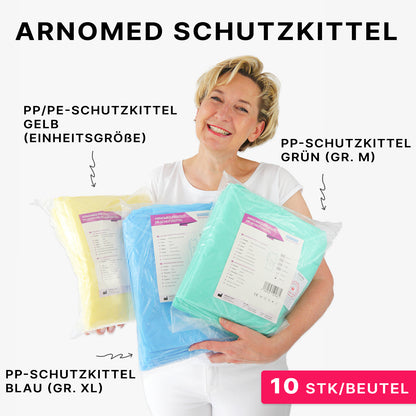 A smiling woman holds a package of ARNOMED virus-tight disposable protective gowns, yellow, PP/PE coating (10 pieces) by ARNOWA GmbH. The pink label with the inscription "10 pieces/bag" indicates the virus-tight disposable protective gown.