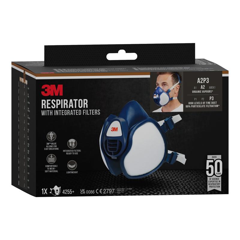 A box of the 3M™ respirator with integrated filters from 3M Deutschland GmbH shows the mask and a user and highlights the 50 uses, comfortable design, and up to 99% particle filtration.