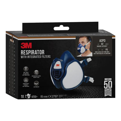 A box of the 3M™ respirator with integrated filters from 3M Deutschland GmbH shows the mask and a user and highlights the 50 uses, comfortable design, and up to 99% particle filtration.