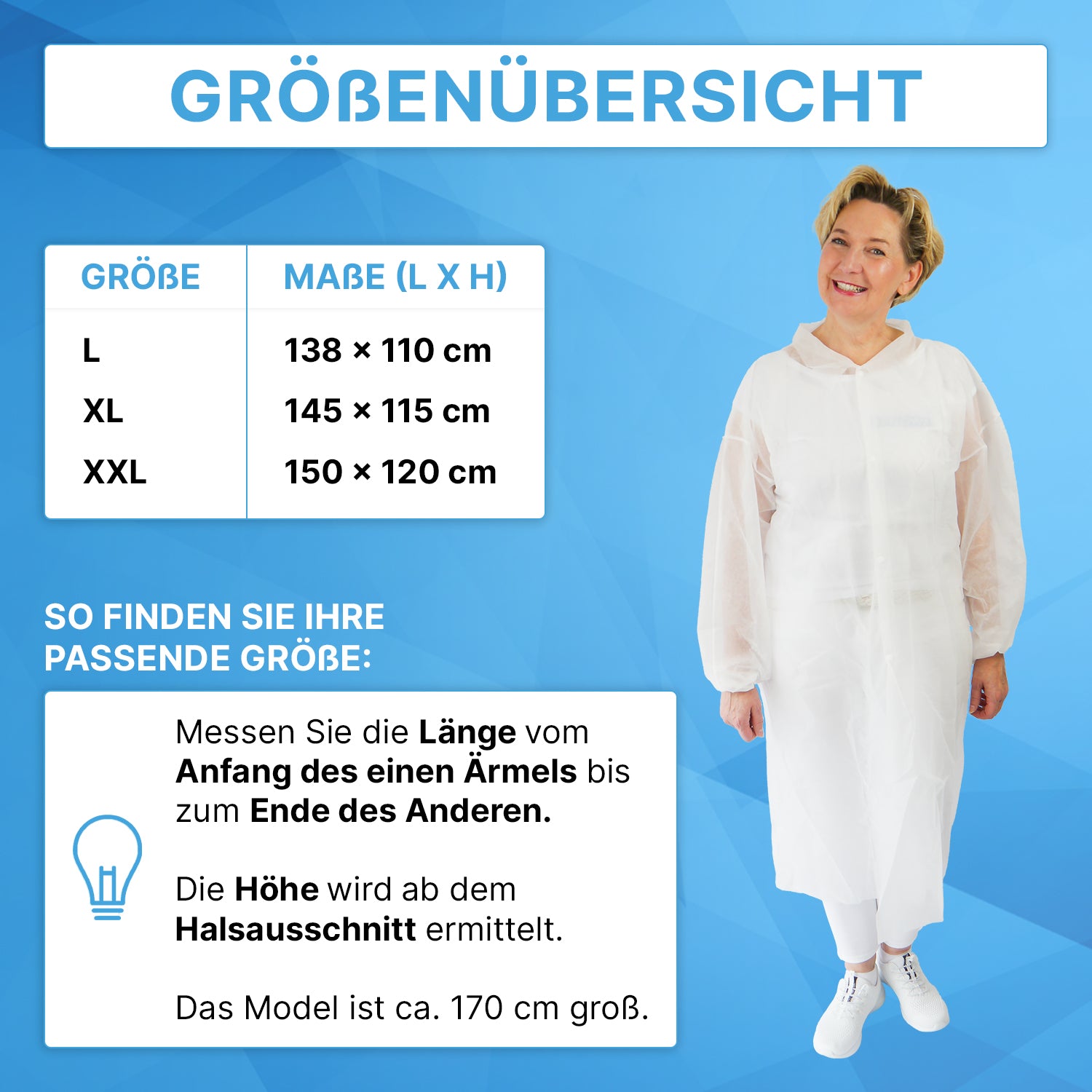 A woman in an ARNOMED PROTECT PP-VISITOR GOWN WHITE disposable visitor coat from ARNOWA GmbH stands next to a German size chart for L, XL, XXL (cm), with tips on measuring the correct gown size.