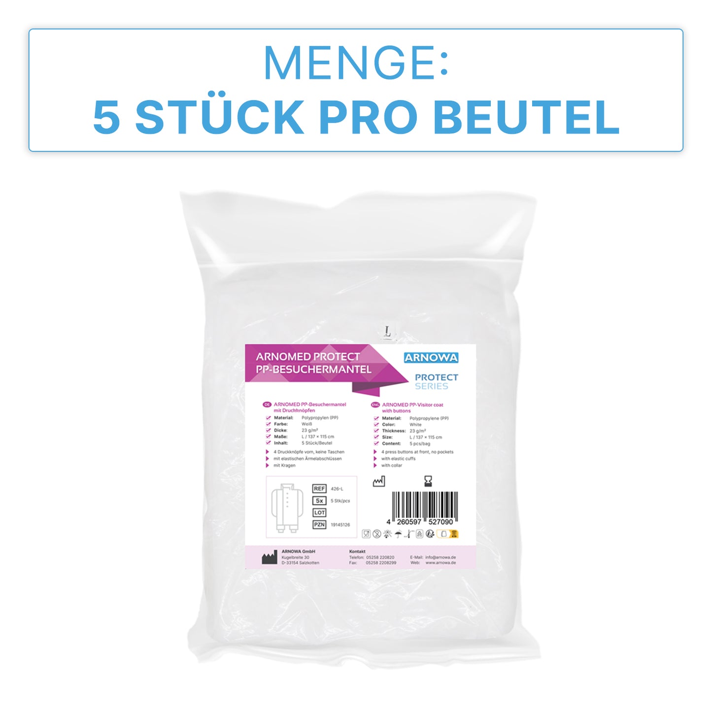 A transparent package contains five ARNOMED PROTECT PP-Visitor Gowns White with snap buttons from ARNOWA GmbH. The label shows product details, barcode, and the inscription "5 pieces per bag".