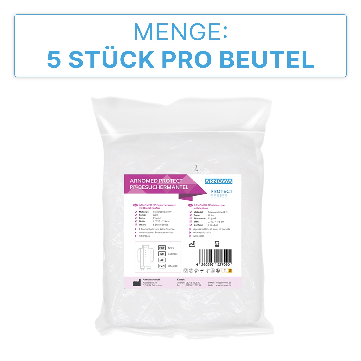 A transparent package contains five ARNOMED PROTECT PP-Visitor Gowns White with snap buttons from ARNOWA GmbH. The label shows product details, barcode, and the inscription "5 pieces per bag".