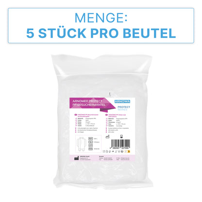 A transparent package contains five ARNOMED PROTECT PP-Visitor Gowns White with snap buttons from ARNOWA GmbH. The label shows product details, barcode, and the inscription "5 pieces per bag".