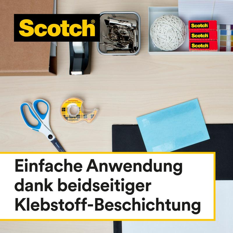 A desk with office supplies such as scissors, tape dispenser, 3M Scotch® double-sided tape (refill pack, 2 rolls, 12 mm x 6.3 m), paper clips, rubber bands, sticky notes, and envelopes. German text: "Easy application thanks to double-sided adhesive coating."