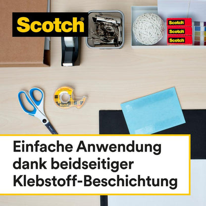 A desk with office supplies such as scissors, tape dispenser, 3M Scotch® double-sided tape (refill pack, 2 rolls, 12 mm x 6.3 m), paper clips, rubber bands, sticky notes, and envelopes. German text: "Easy application thanks to double-sided adhesive coating."