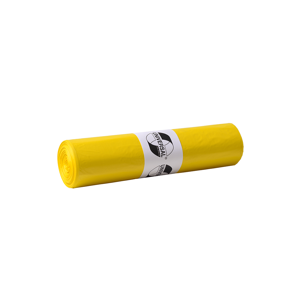 A roll of yellow DEISS 43002 trash bags (700x1100x0.023 mm, 50 pieces) by EMIL DEISS KG (GmbH + Co.), packaged with a white label with black logo and text. Ideal for efficient waste disposal on a white surface.