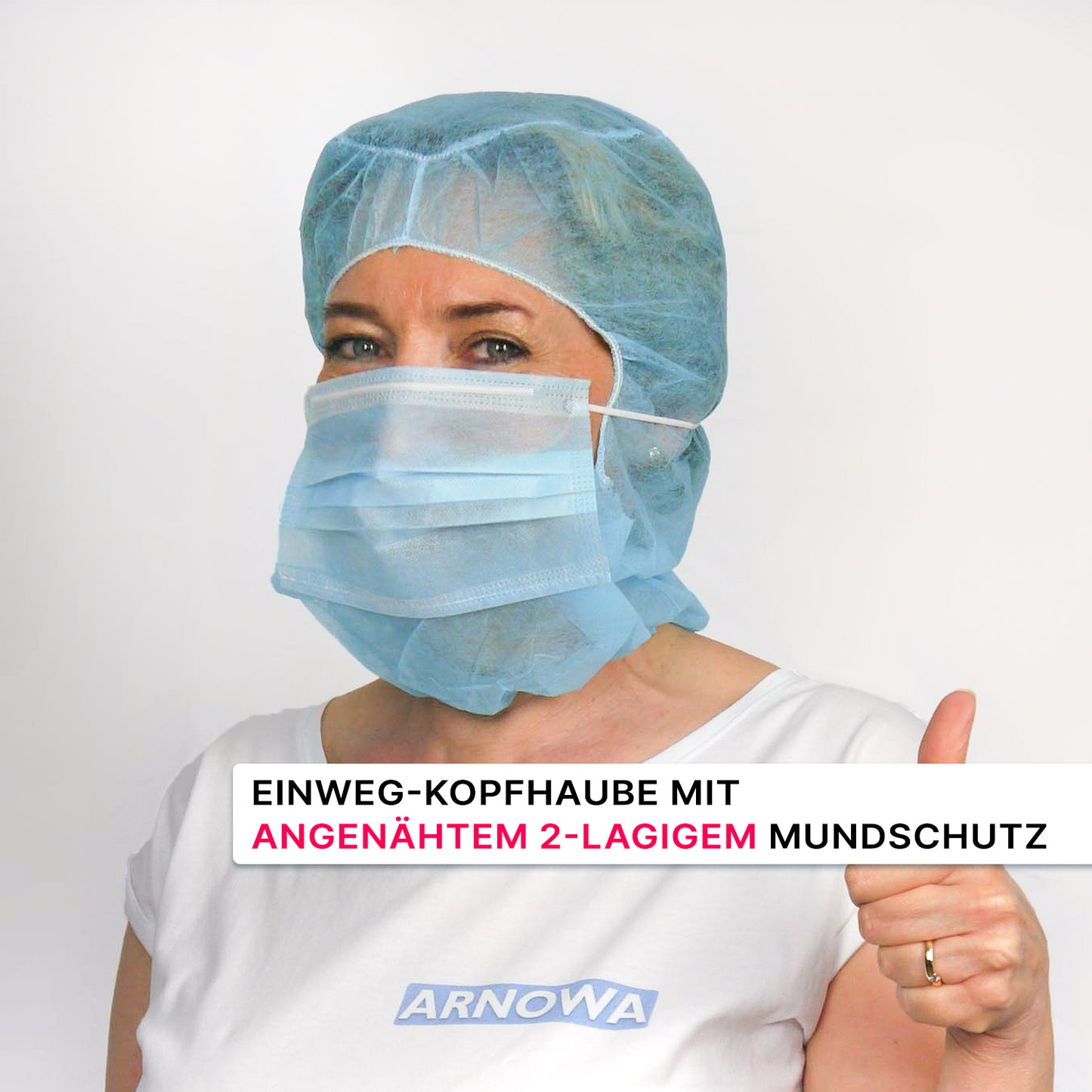 A person wearing a blue ARNOMED COVER PP-ASTROHAUBE WITH 2-LAYER MOUTH PROTECTION from ARNOWA GmbH gives a thumbs up. German text describes the disposable astro hood with a two-layer mask. The ARNOWA logo is visible.
