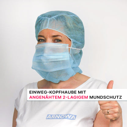 A person wearing a blue ARNOMED COVER PP-ASTROHAUBE WITH 2-LAYER MOUTH PROTECTION from ARNOWA GmbH gives a thumbs up. German text describes the disposable astro hood with a two-layer mask. The ARNOWA logo is visible.