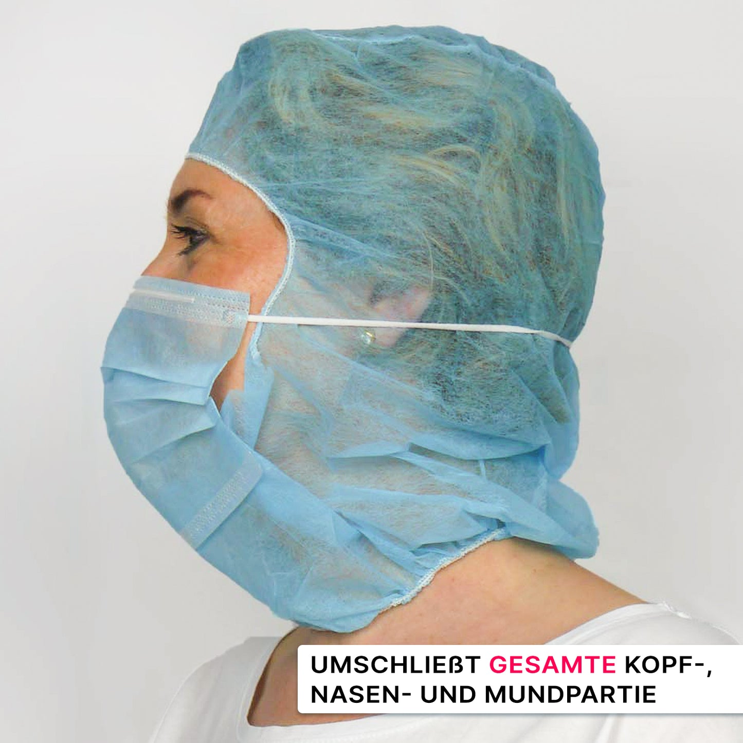 A person wears the ARNOMED COVER PP-ASTROHAUBE WITH 2-LAYER MOUTH PROTECTION from ARNOWA GmbH, covering their head, nose, and mouth against a plain white background. The German text appears in the lower right corner.