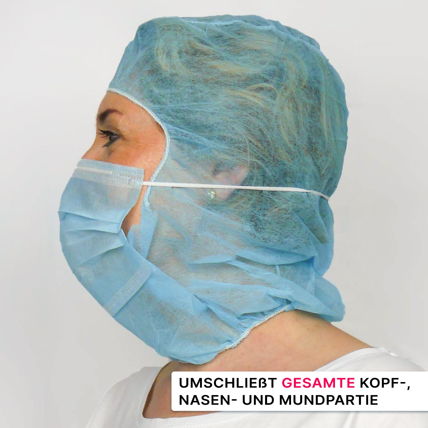 A person wears the ARNOMED COVER PP-ASTROHAUBE WITH 2-LAYER MOUTH PROTECTION from ARNOWA GmbH, covering their head, nose, and mouth against a plain white background. The German text appears in the lower right corner.