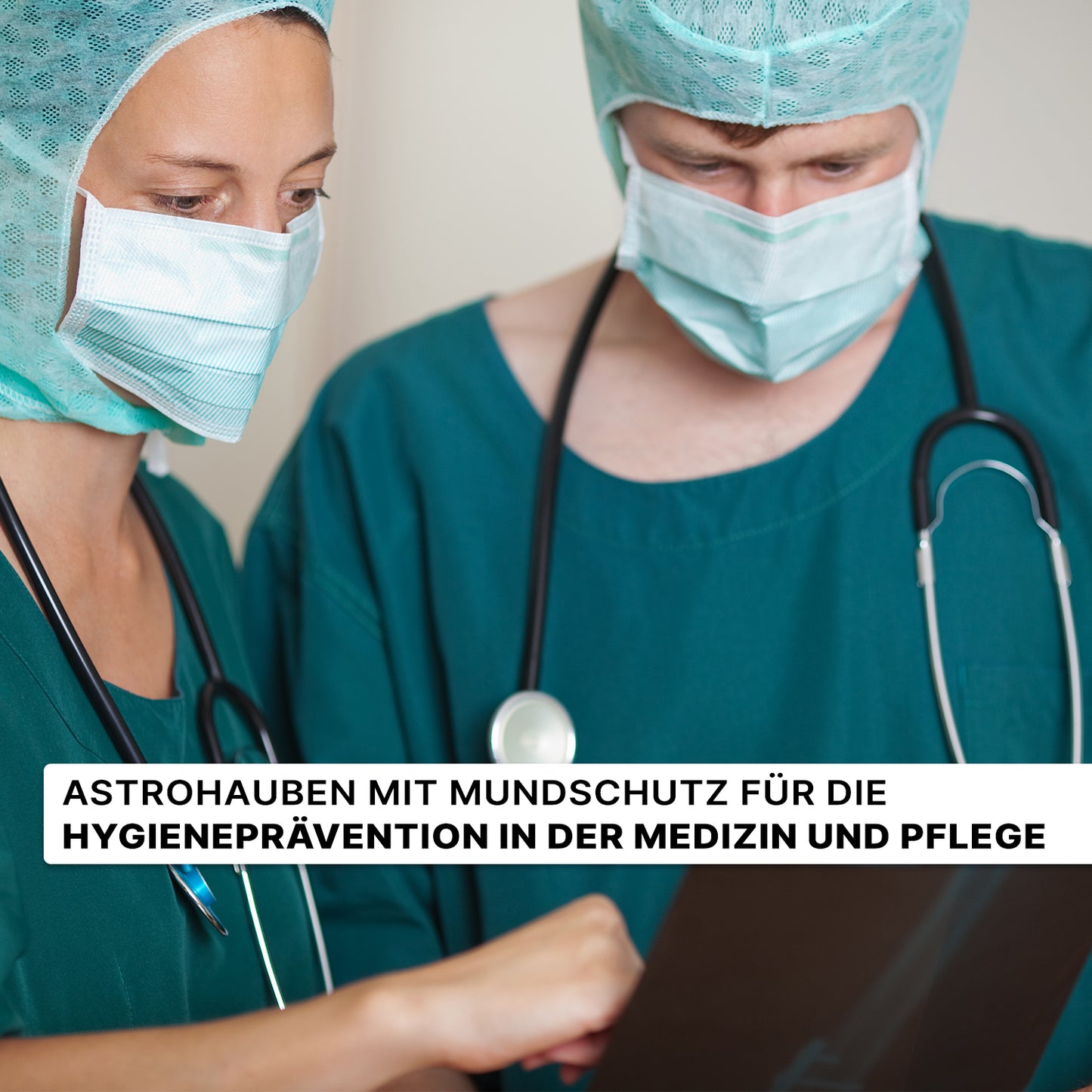 Two medical professionals wearing ARNOMED COVER PP-ASTROHAUBE WITH 2-LAYER MOUTH PROTECTION from ARNOWA GmbH look at a medical file together, promoting hygiene prevention in medicine and care.