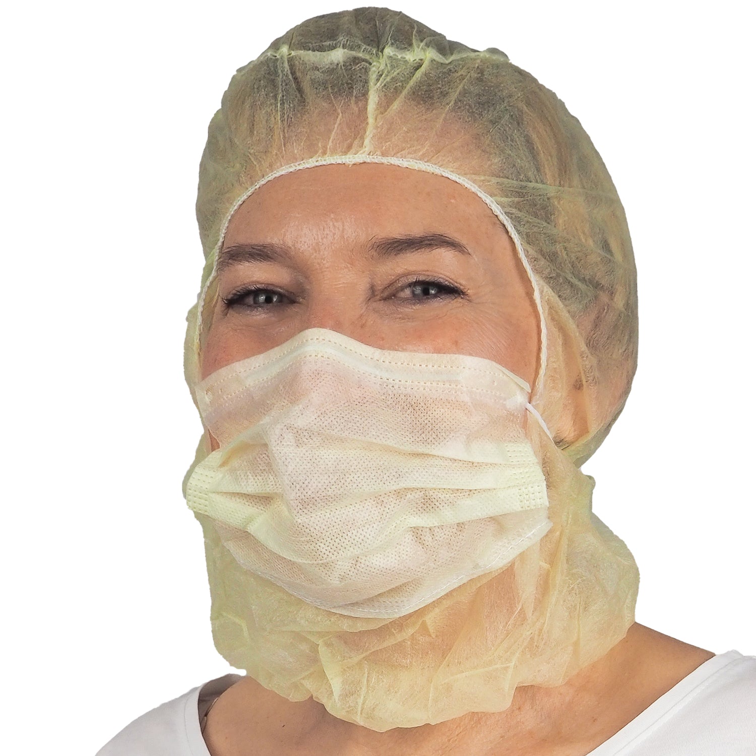 A person wears the ARNOMED COVER PP-ASTROHAUBE WITH 2-LAYER MOUTH PROTECTION from ARNOWA GmbH, a yellow disposable hood, and a matching two-layer face mask covering hair and mouth, against a plain white background.