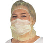 A person wears the ARNOMED COVER PP-ASTROHAUBE WITH 2-LAYER MOUTH PROTECTION from ARNOWA GmbH, a yellow disposable hood, and a matching two-layer face mask covering hair and mouth, against a plain white background.