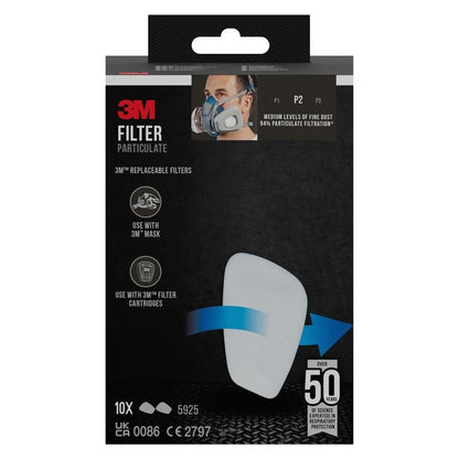 The illustration shows a pack of 3M™ Particle Filter 5925, P2 (10 pairs/pack) from 3M Deutschland GmbH. The predominantly black packaging highlights protection against dust and product details and shows a person wearing a mask with the inscription "Over 50 Years of Science-Operated Protection".